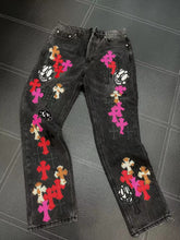 Load image into Gallery viewer, CH black denim red pink black crosses
