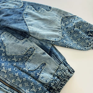 Monogram denim zip up distress jacket