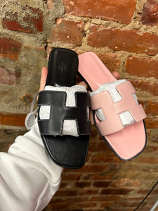 Hermes pink and black slides