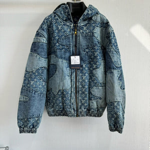 Monogram denim zip up distress jacket