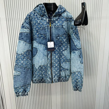 Load image into Gallery viewer, Monogram denim zip up distress jacket
