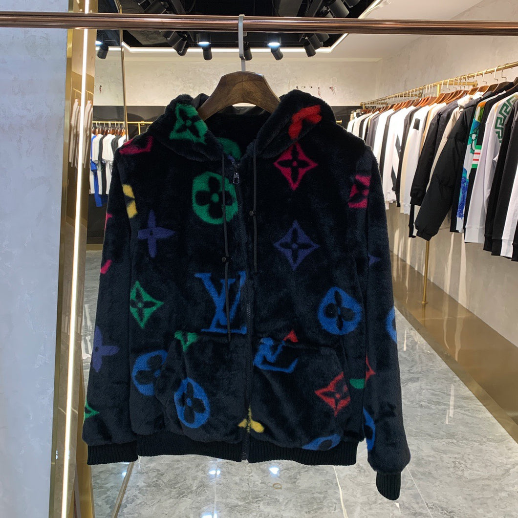 Monogram furry jumbo zip up black