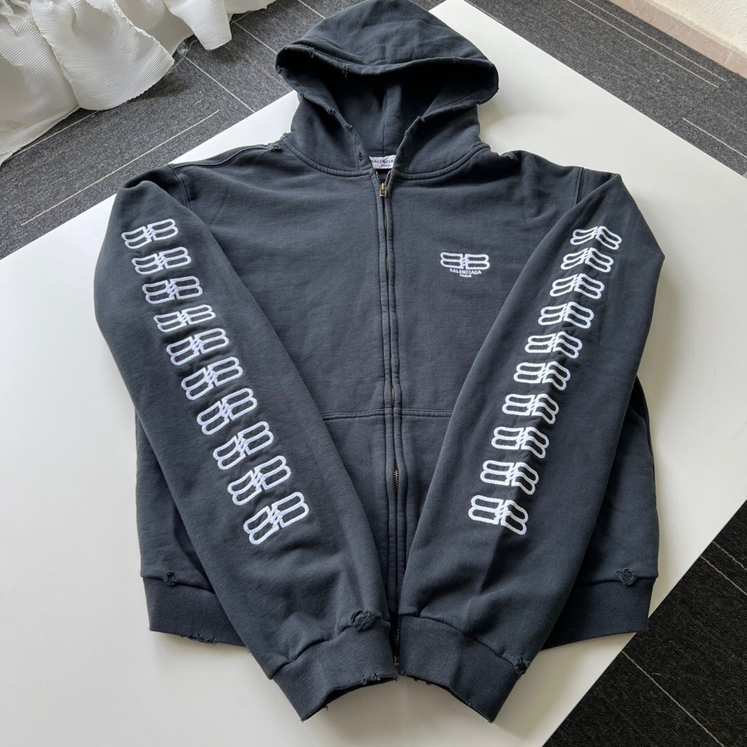 BB distressed embroidery logo zip up hoodie