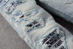 Blue wash black bandana denim