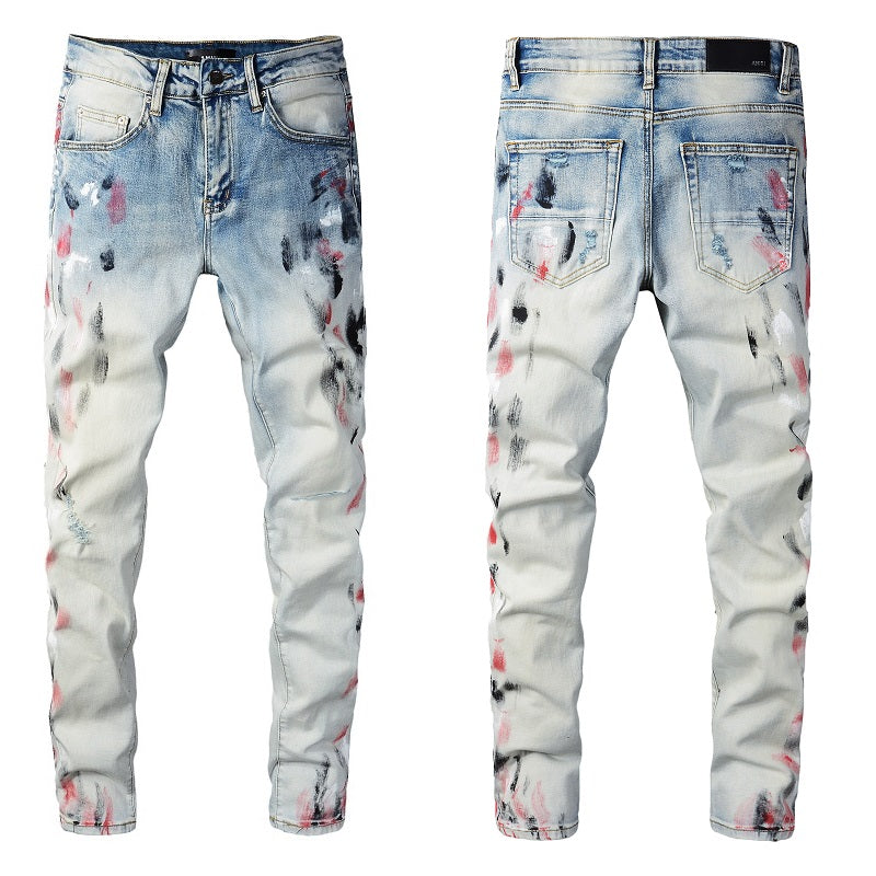 Amiri black and red paint stroke denim